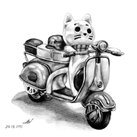 Кот) и мотороллер.