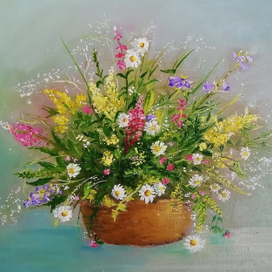 Картина маслом "Полевой букет с ромашками" 