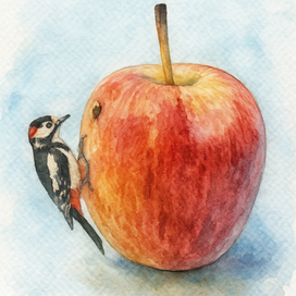 дятел на яблоке