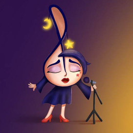 Персонаж скрипичный ключ поет на концерте