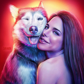 Портрет с собакой. В стиле "Неон"
