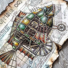 Иллюстрация рыба робот, лайнер, маркер, акварель, карандаши.