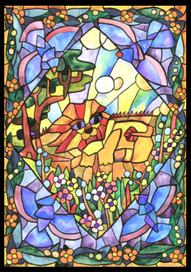 Лев и птицы.Витраж