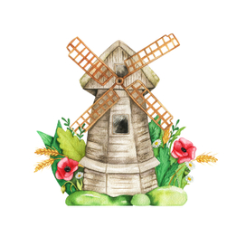 мультяшная акварельная мельница с маками
