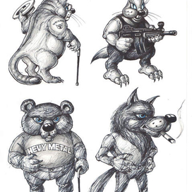 WHO IS WHO IN THE ZOO . Дикий кот - джунтльмен . Заяц - хулиган . Медведь - старый металлист. Волк - старый рокер .