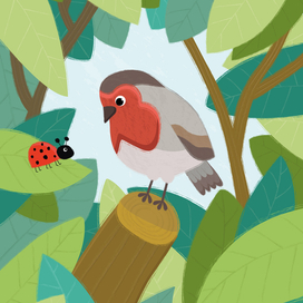 Птичка и божья коровка. Детская книжная иллюстрация.