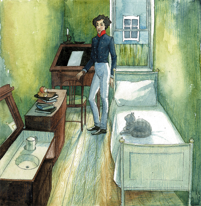 Пушкин в своей комнате.