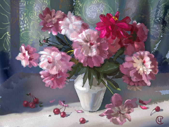 Пионы на веранде.этюд 