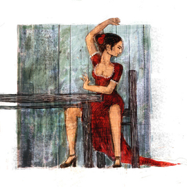 Танцовщица фламенко убивает таракана за столиком таверны