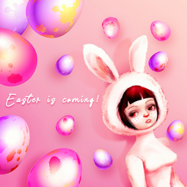 С Пасхой! Девушка в костюме кролика с пасхальными яйцами
