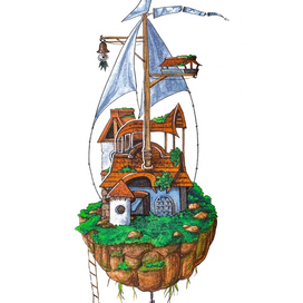 Иллюстрация летающий дом корабль 