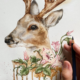 олень с цветами