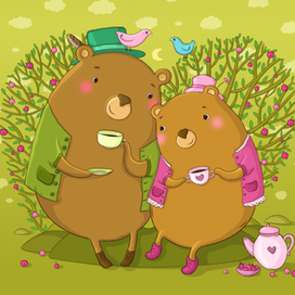 Открытка. Мишки и вишня