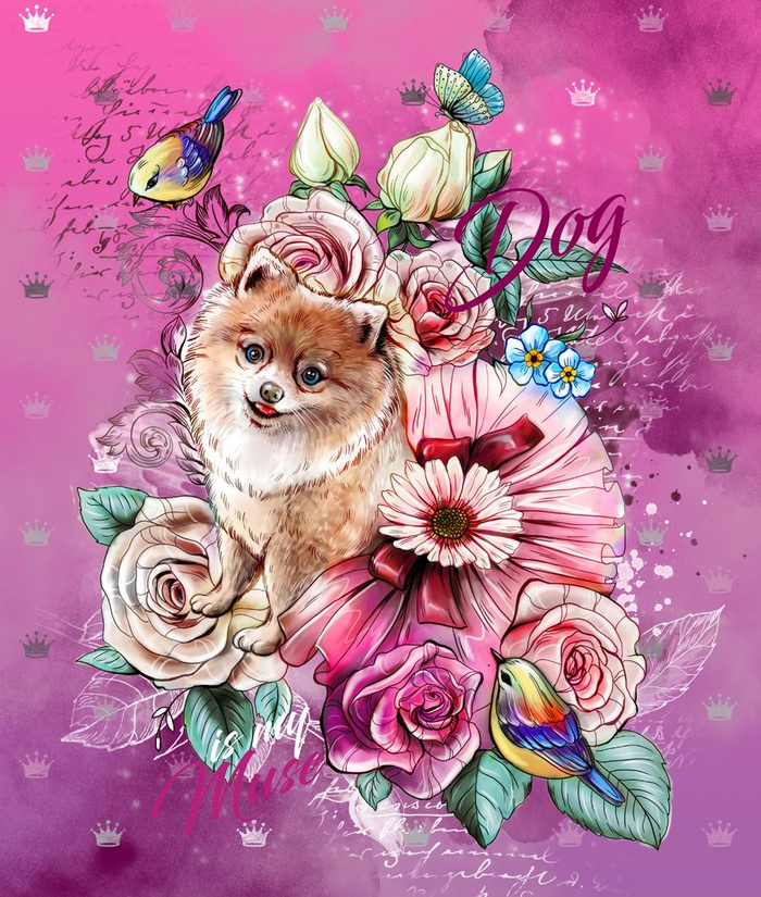 Собачка с розами и птичкой