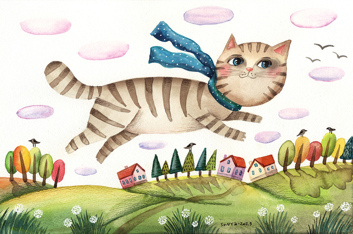 Вот котик куда-то полетел