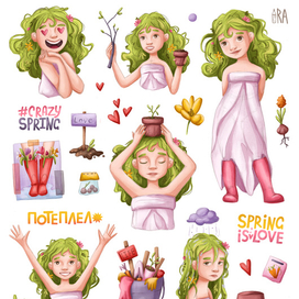 ДИЗАЙН ПЕРСОНАЖА И ЛЕТТЕРИНГ для весеннего стикерпака