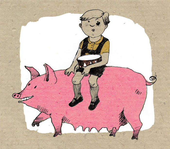 Нетолерантный мальчик в черных шортах, песочной рубахе и с барабаном. Для waldemar_kazak