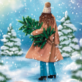 Девушка несёт ёлку домой