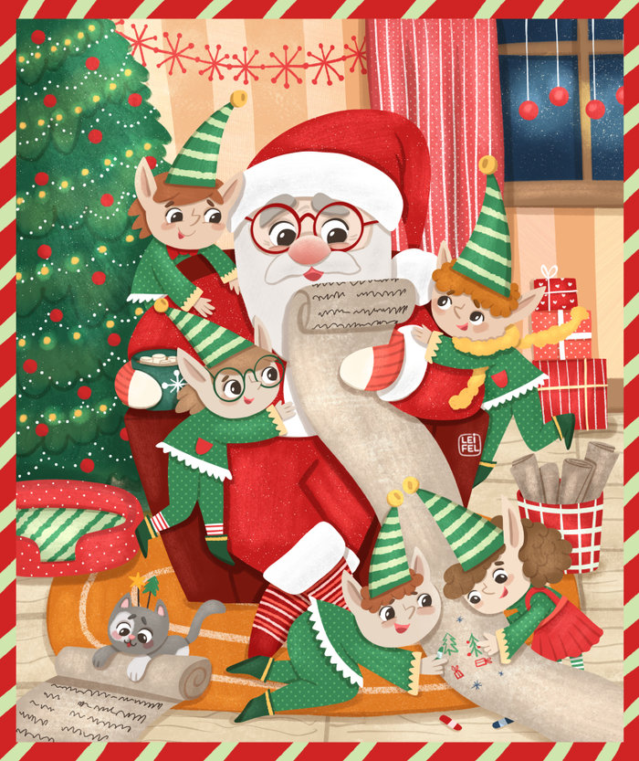 Иллюстрация Санта и эльфы