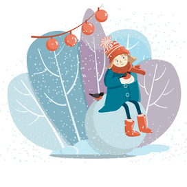 Winter postcard. Girl anb birds