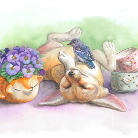 Лисёнок фенек и птенец