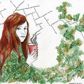 с горячим кофе (концептуальный портрет в стиле журнальной иллюстрации)