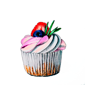 капкейк с клубникой, кремом и голубикой