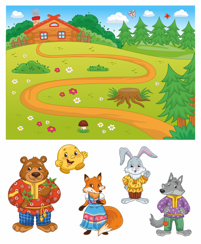 Персонажи и игровое поле для игры "Колобок"