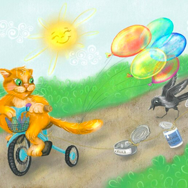 Кот с уловом и любопытная ворона