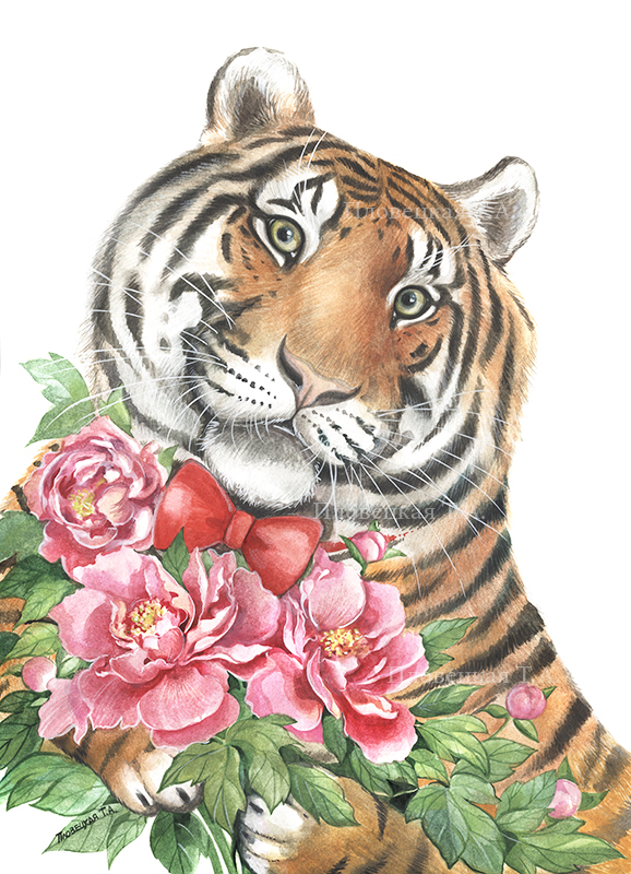 Тигр с букетом пионов