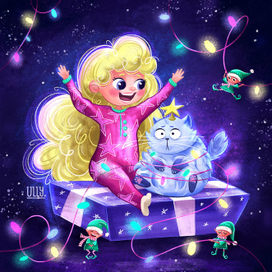 Девочка, эльфы, гирлянда и киса