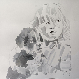 черно-белая иллюстрация девочка с щенком