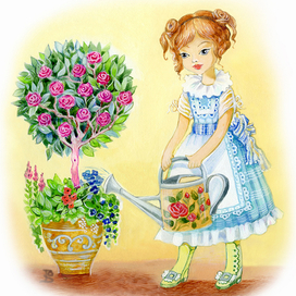 Девочка поливает розы