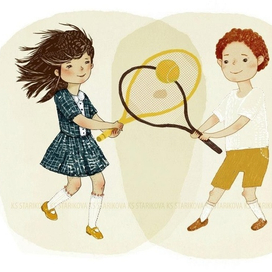 Мальчики девочка играют в теннис