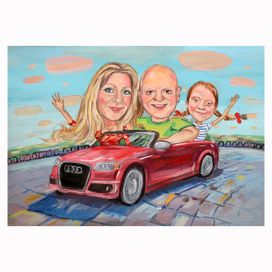 Семейный шарж на машине