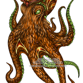 Осьминог эскиз тату. Эскиз татуировки. Рога. Зеленый, ядовитый. Octopus sketch, sur, orange, neotrad, tattoo flash, illustration. Спрут.