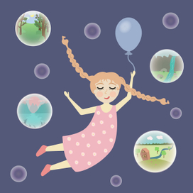 a girl flying in a balloon