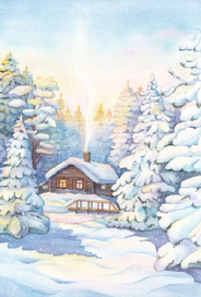 Домик на рассвете. Иллюстрация для новогодней открытки