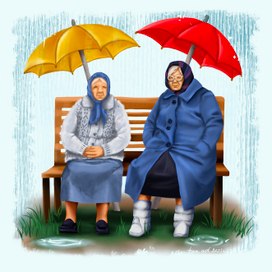 Пожилые женщины сидят на лавочке под дождем