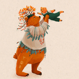 Медведь-шаман и медвежонок в вязаном комбинезоне