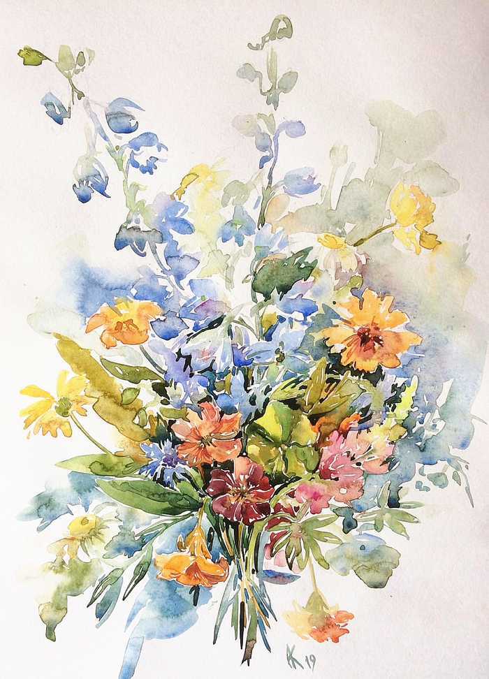 Букет с дельфиниумом и настурцией 