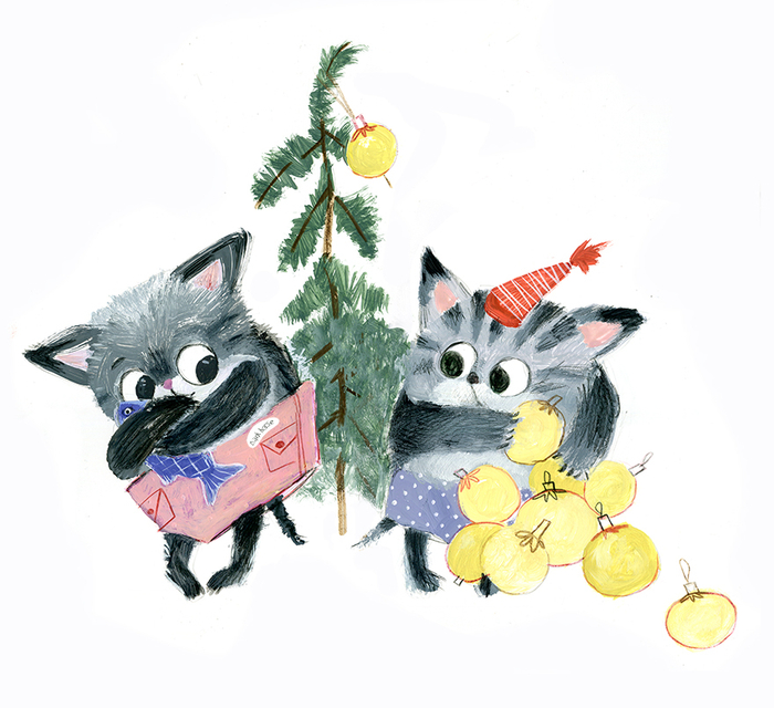 К Новому году коты! Открытка, персонажи.