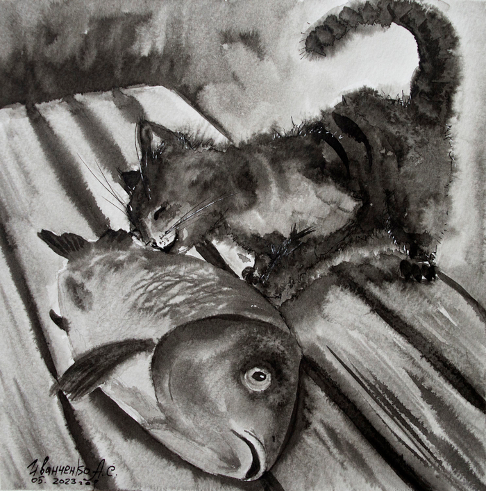 Встреча на рыбалке. Котёнок и карась