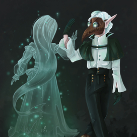 Готическая фэнтези иллюстрация, чумной доктор и девушка