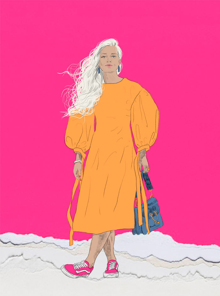 Сумка синяя, платье жёлтое