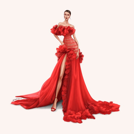 Красное платье на красной дорожке, фэшн иллюстрация