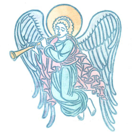Лубочный Ангел (линогравюра, акварель)