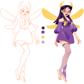 Феечка. Набросок\Результат. Фиолетово-желтая гамма цвета.