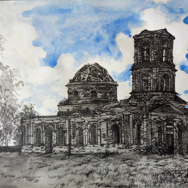 Графическая зарисовка "Разрушенная Церковь. Россия"