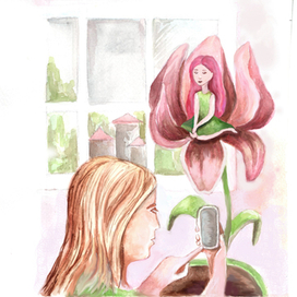 Первая полуполостная иллюстрация Дюймовочки. Акварель